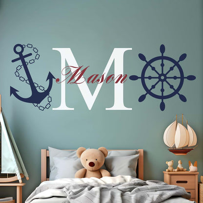 CRYPTONITE Personalized Name & Initial Rudder and Anchor Wall Decor I Nursery Wall Decal for Decoration I Nautical