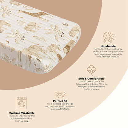 Crane Baby Jungle Theme Changing Pad Cover, 100% Cotton Sateen, Quilted, Machine Washable