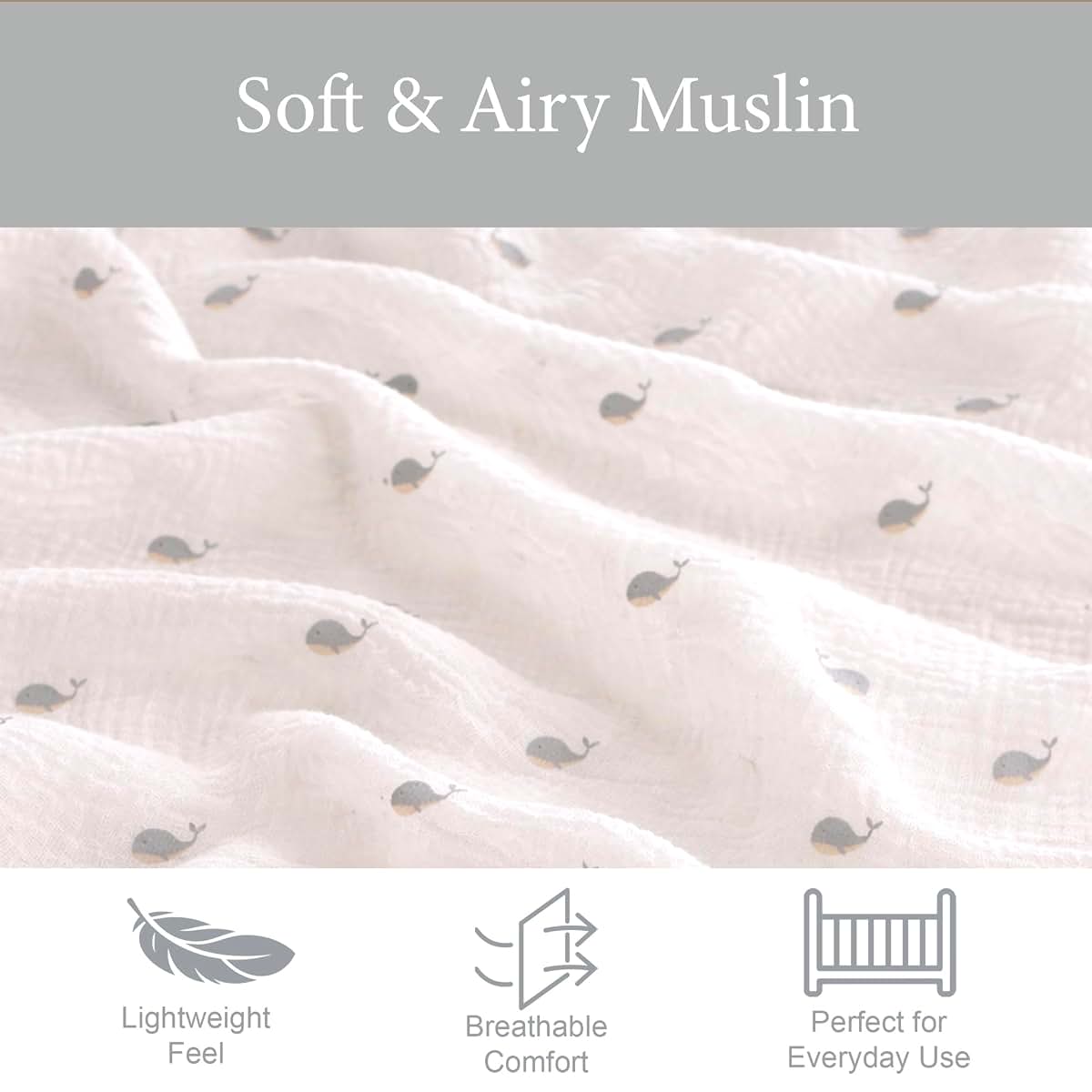 Ababy Custom Size Baby Fitted Sheet In Muslin Cotton - Whale Print (photo 4)