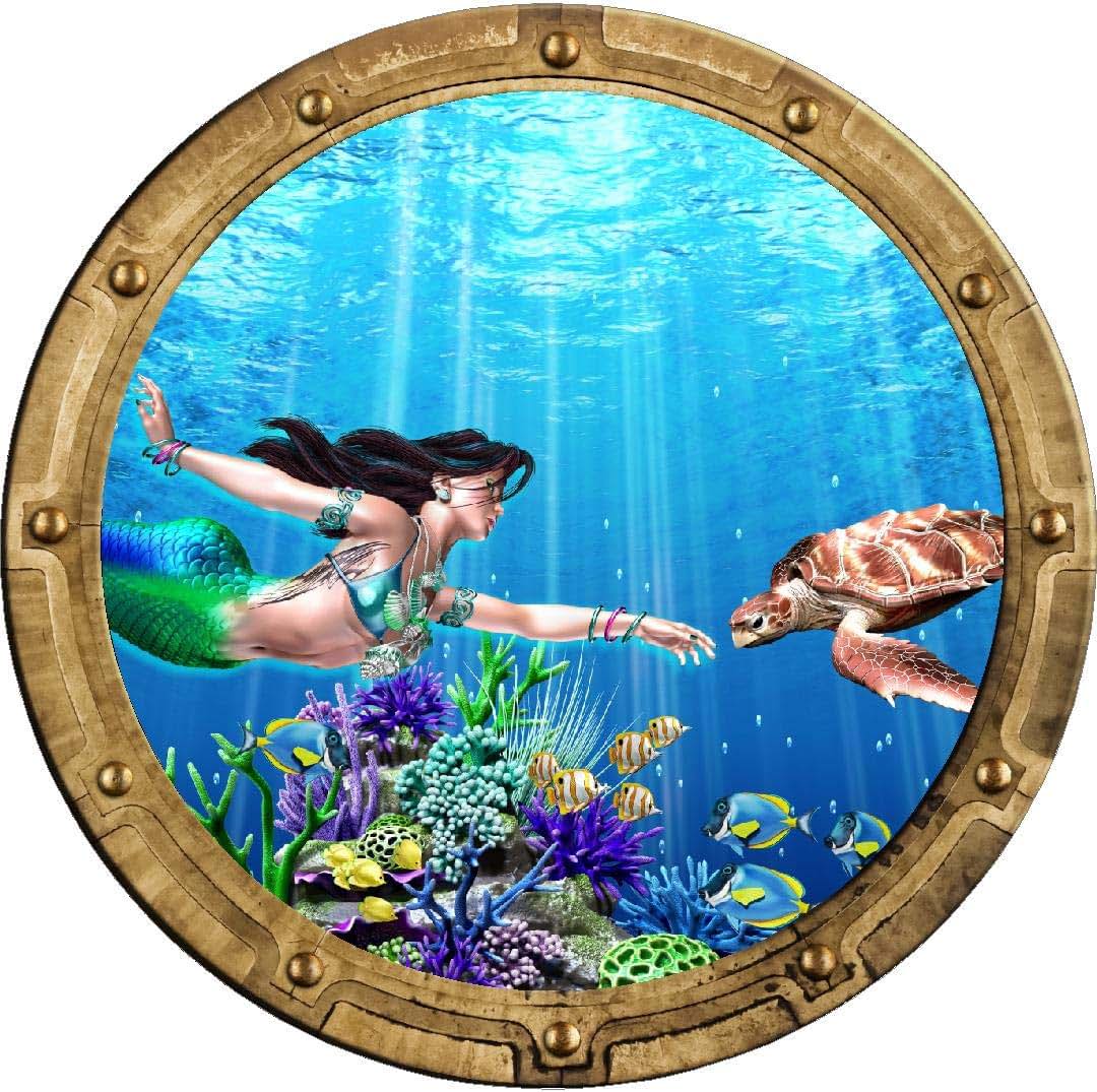 Stickit Graphix 18" Porthole 3D Window Wall Sticker, Mermaid & Sea Turtle