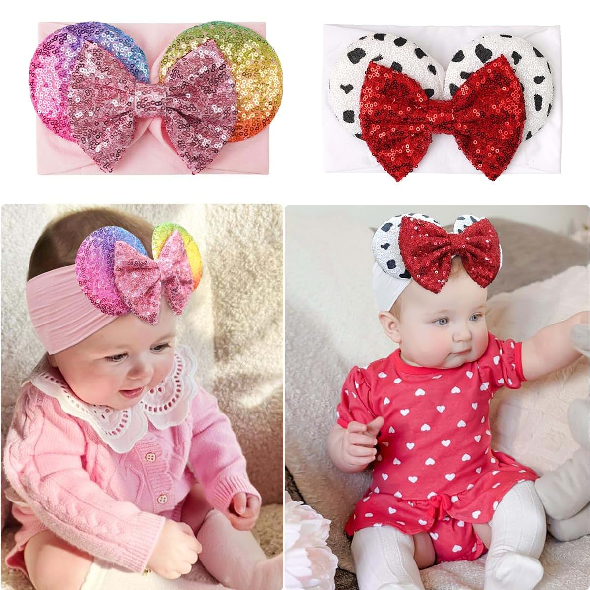 BBGifts Baby Girl White Pink Mouse Ear Headbands 2PCS Nylon Sequins