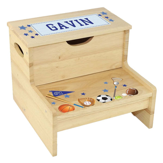 My Bambino Personalized Wood Sports Storage Step Stool for Kids Bedroom, Bath, Kitchen | Birthday Gift for Boys