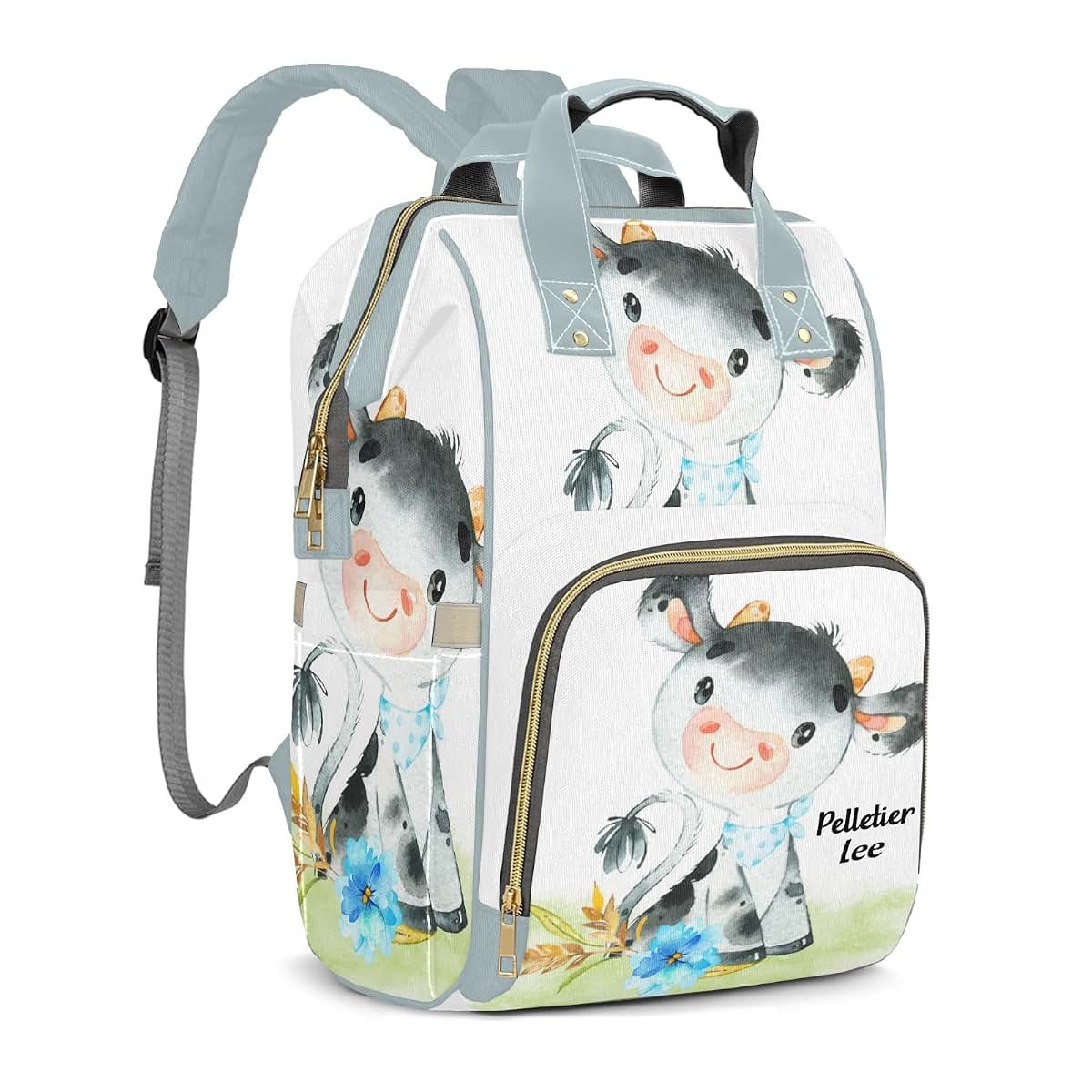 LiSoAkWE Floral Little Cow Personalized Diaper Bag Backpack with Name,Customized Nappy Backpack for Baby Girls (photo 2)