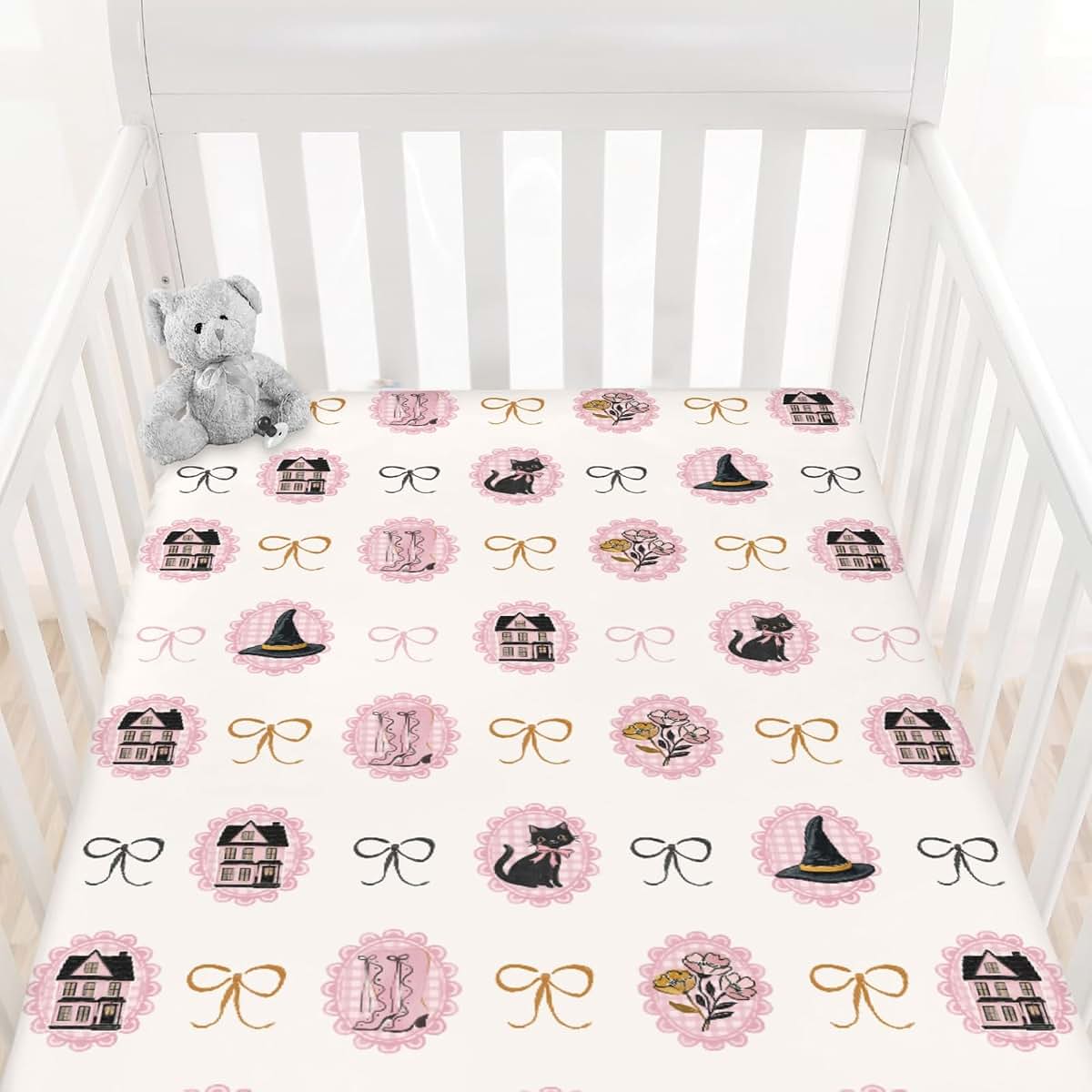 Cstdyfrv Pink Halloween Cat Witch Fitted Crib Sheet for Standard Mattresses (photo 2)
