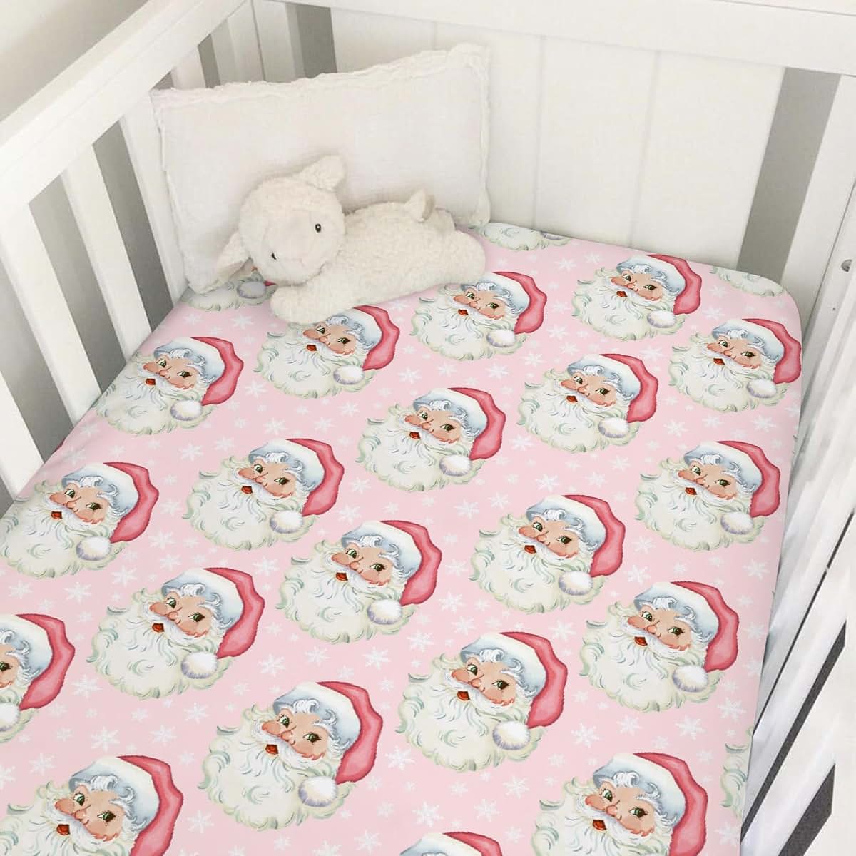 Merry Christmas Santa Claus Baby Crib Sheet 28x52 Stretchy Fitted Pink Snowflakes