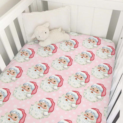 Merry Christmas Santa Claus Baby Crib Sheet 28x52 Stretchy Fitted Pink Snowflakes