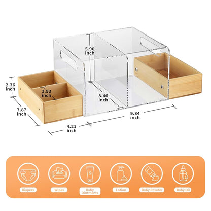 Cacholiv Acrylic Diaper Caddy With Handle And 3 Wooden Compartments