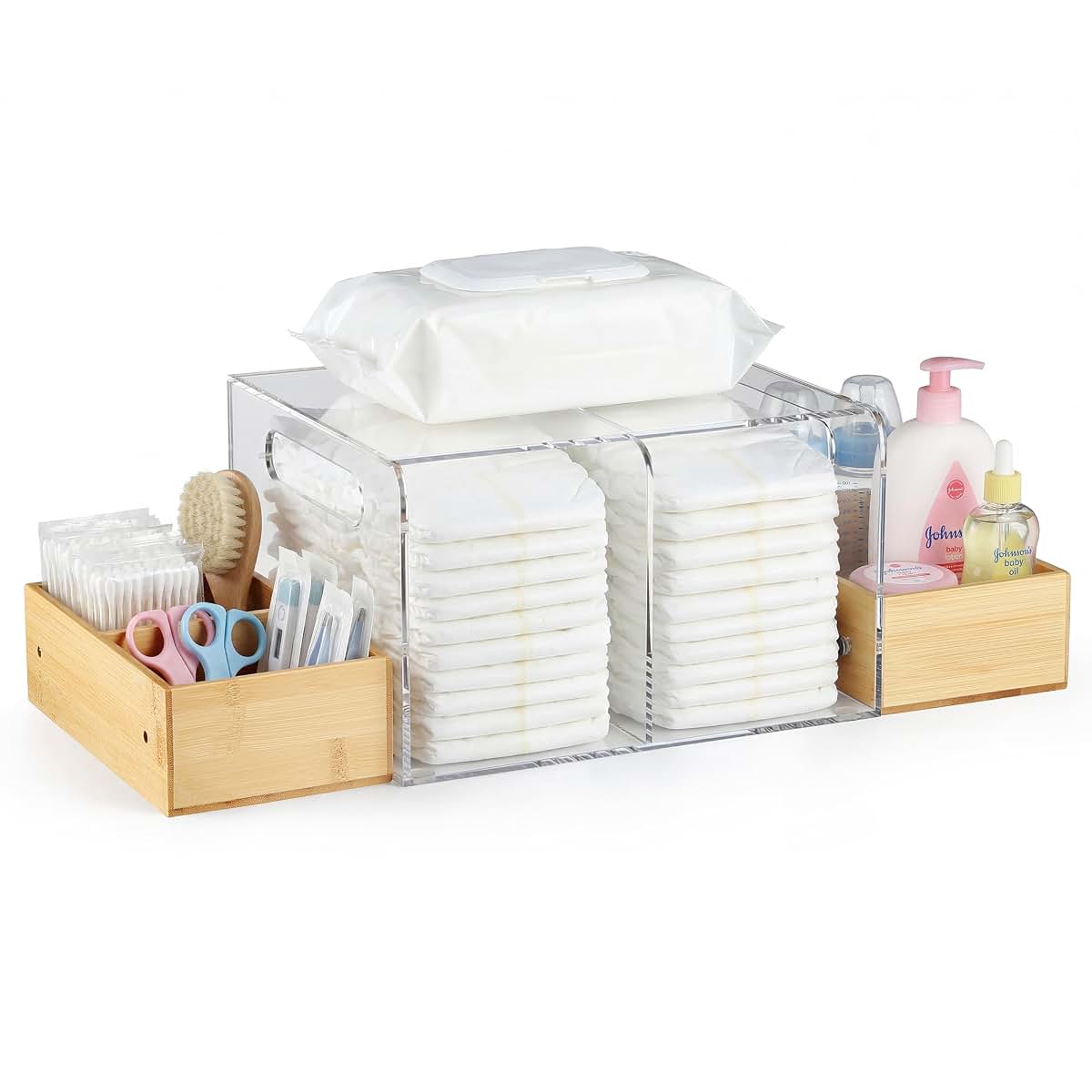 Cacholiv Acrylic Diaper Caddy With Handle And 3 Wooden Compartments