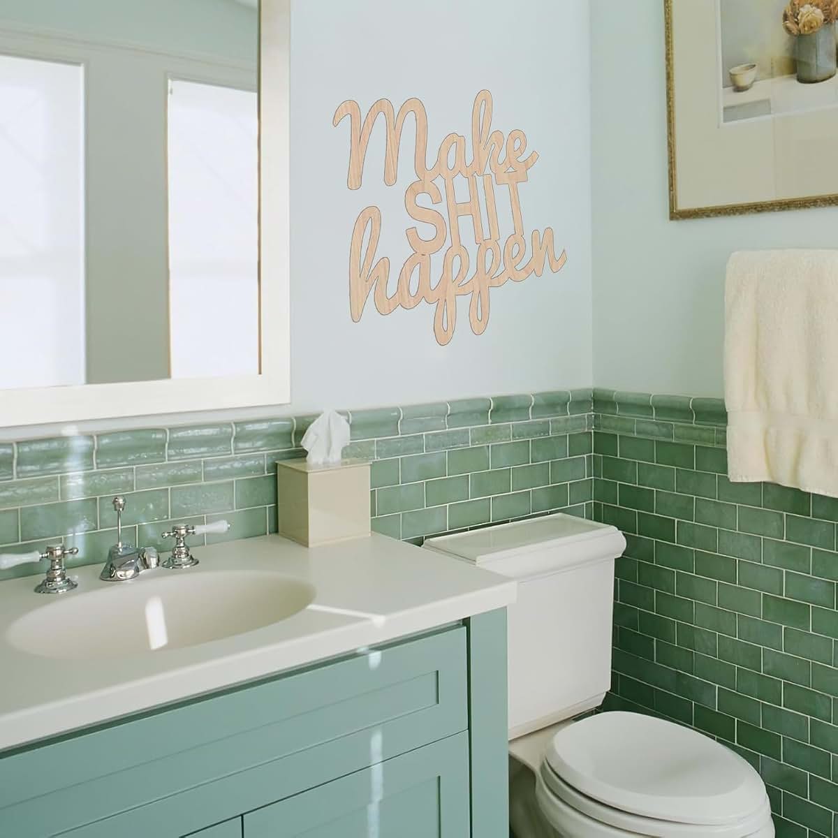 QBFWETY Wooden “Make Shit Happen" Sign for Backdrop, Funny Bathroom Wall Sign, Laser Cut Inspirational Quote Wall Decor