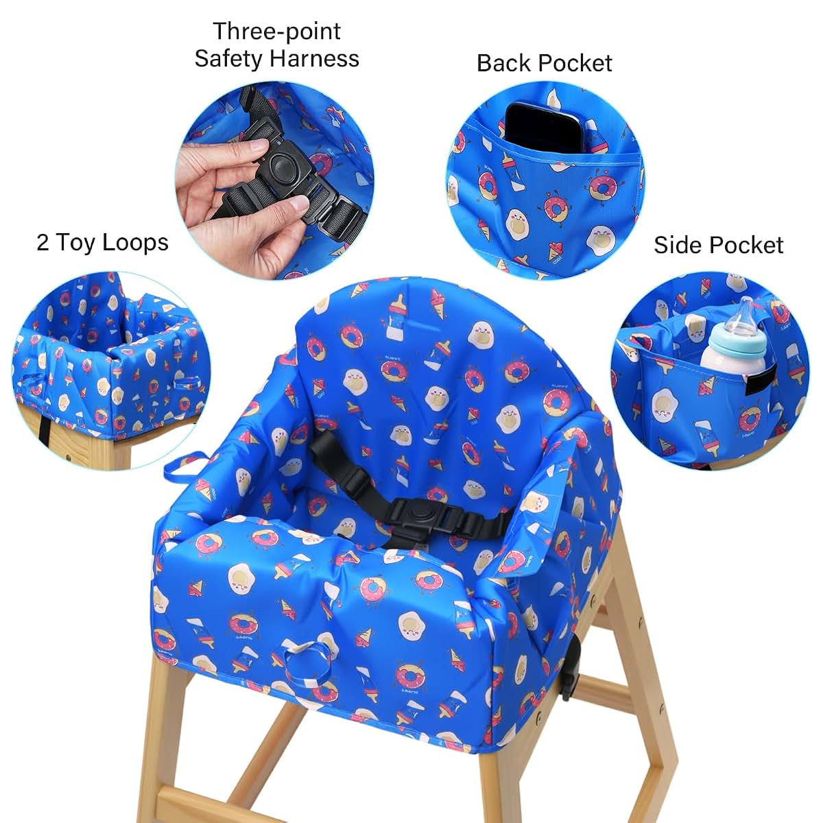 HOOMTREE Baby High Chair Cover with 3-Point Harness, Waterproof & Machine Washable, Blue