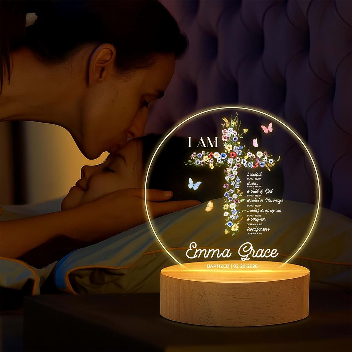 MDPrints Global Personalized Baby Gifts, Personalized Night Light for Kids, Night Light with Wooden Base, Bedroom (photo 3)