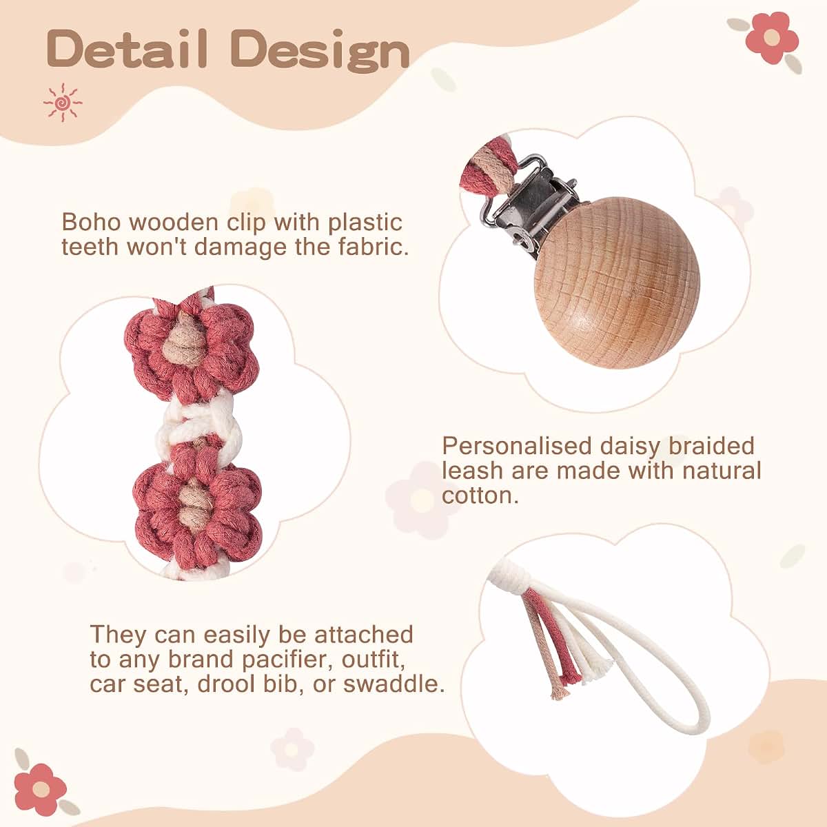 Pacifier Clip Holder - Floral Daisy Macrame Braided Cotton Binky Clips