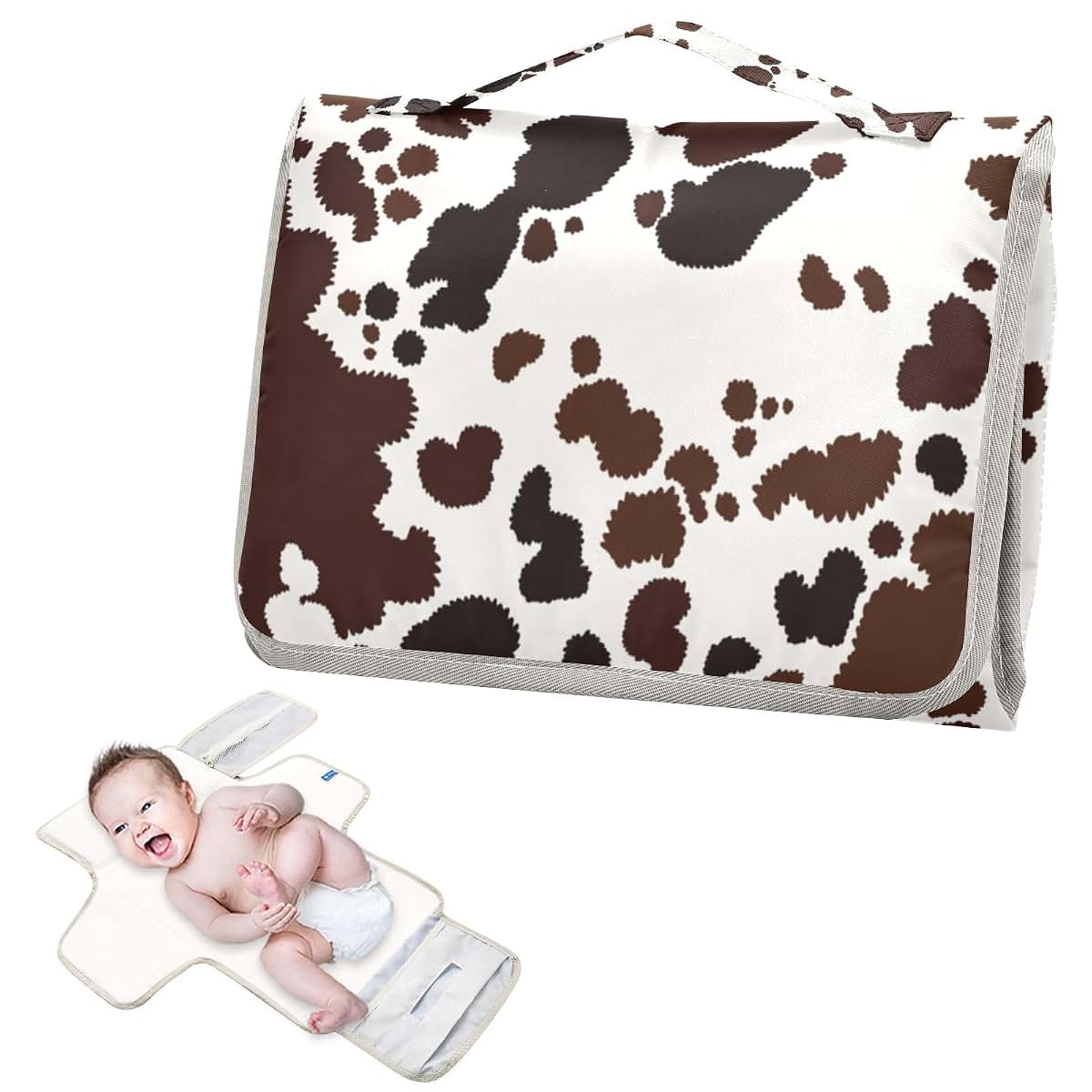 Kigai Cow Print Portable Diaper Changing Pad with Zippered Mesh Pocket