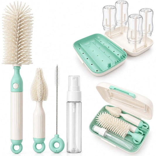 ZAWOW 7-in-1 Baby Bottle Brush Set with Drying Rack, Home & Travel, Green
