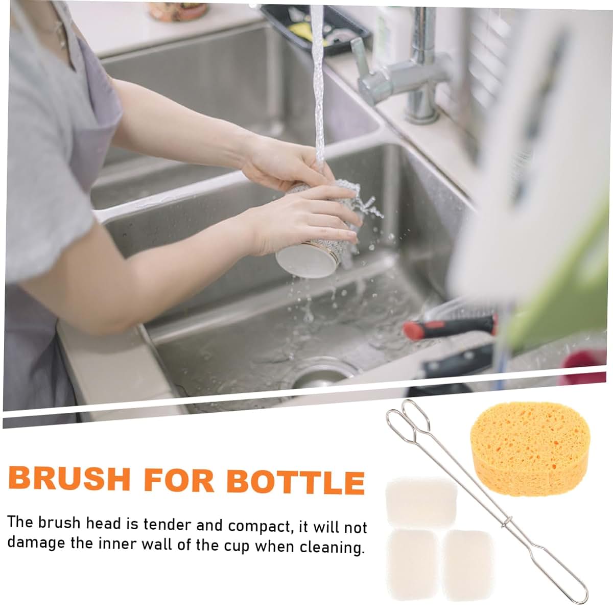 OUNONA Water Bottle Cleaning Brush Set with Long Handle and Removable Sponge Heads