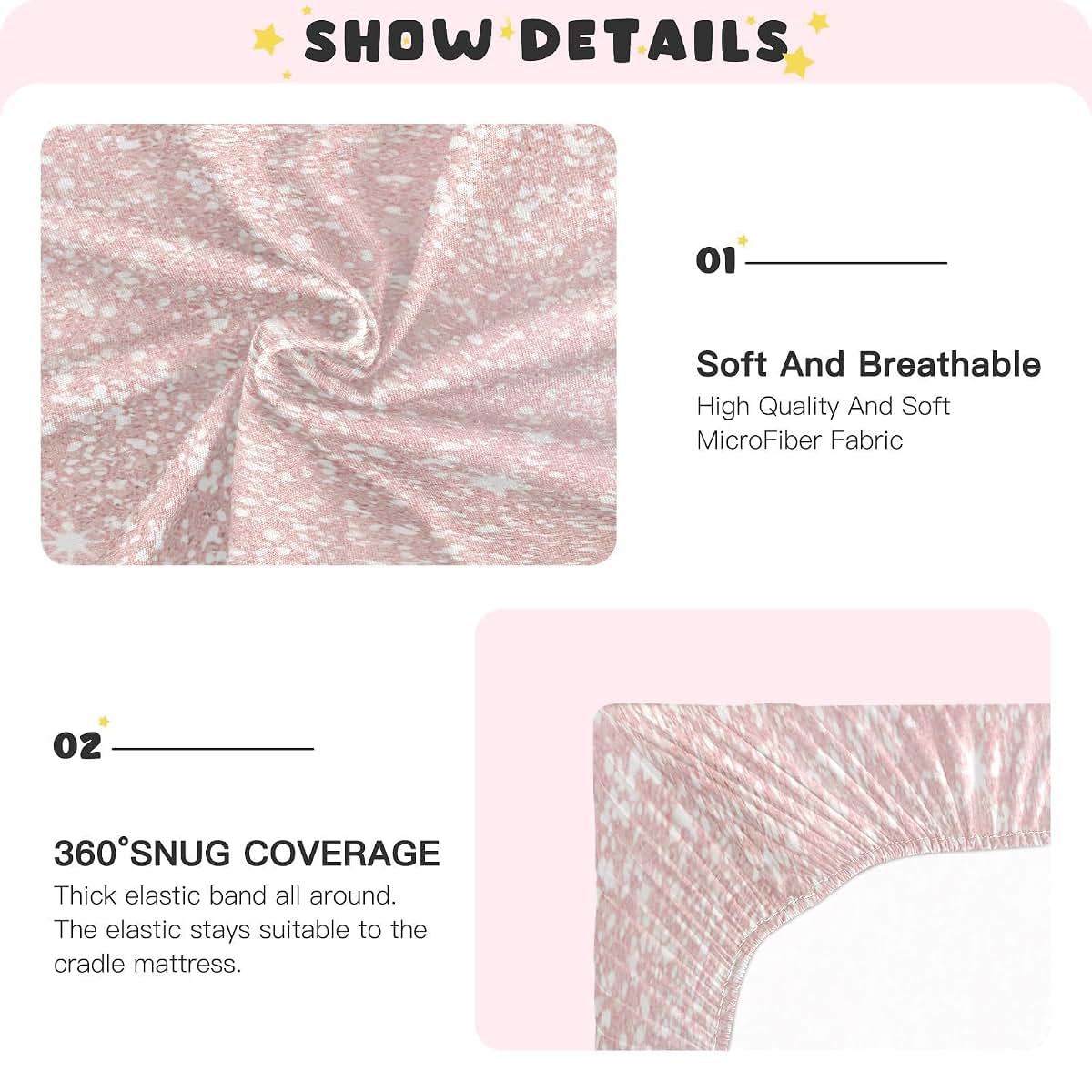 KEEPREAL Fitted Crib Sheets, Pink Glitter Texture, 28x52 Inches, Standard Crib & Toddler Mattress