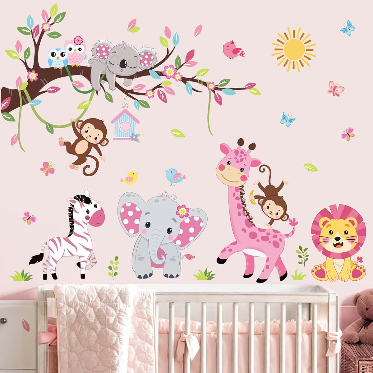 wondever Pink Animal Tree Branch Wall Decals Elephant Lion Wall Stickers | Peel and Stick, Removable, Wall Art Decals