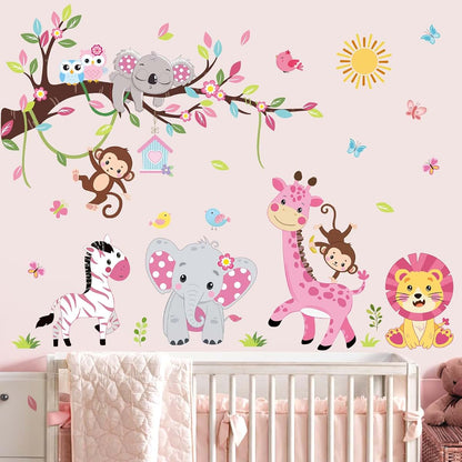 wondever Pink Animal Tree Branch Wall Decals Elephant Lion Wall Stickers | Peel and Stick, Removable, Wall Art Decals