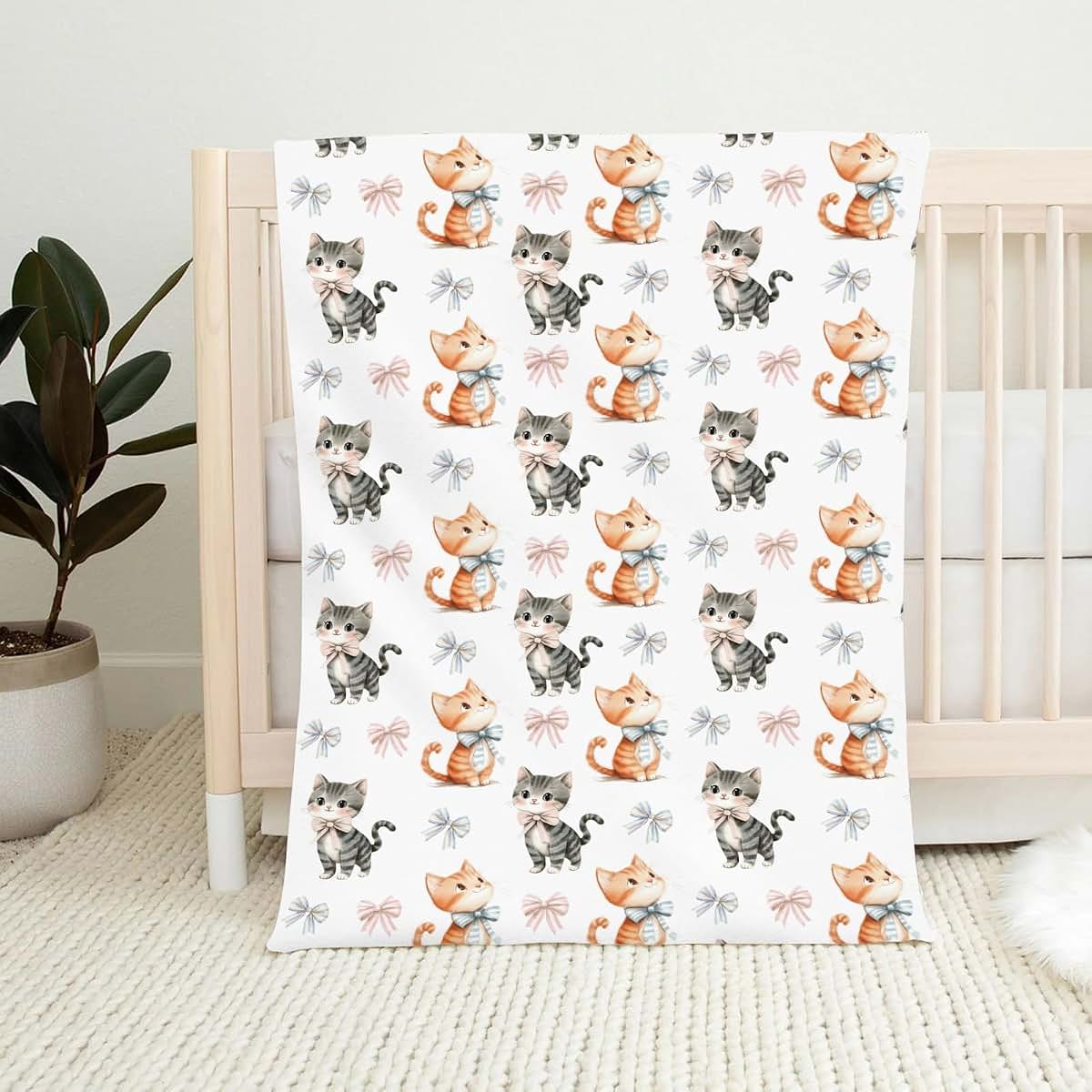 Wicbfdfv Cute Cats Bows Baby Boy Girl Cartoon Orange Kitten Pet Stripe Blue Pink Blankets Cat Lover Gift Flannel (photo 2)