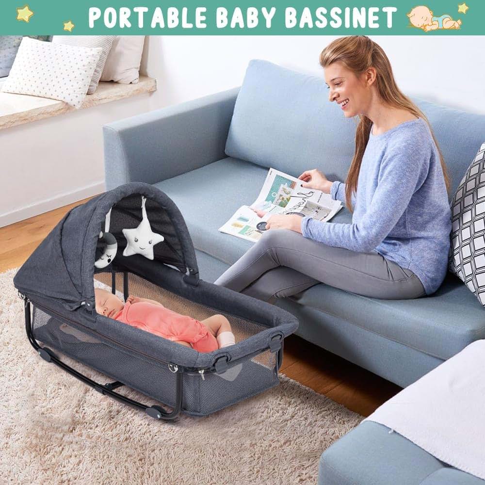 PeacefulHues 5 in 1 Pack and Play Bedside Sleeper with Bassinet, Diaper Changer & Hanging Toy, Portable Crib Nursery (photo 3)