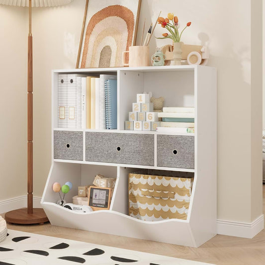 IDEALHOUSE 3-Tier Kids Bookshelf, Toy Storage Organizer with 3 Drawers,Wooden Bookcase with Large Toy Storage Cabinet