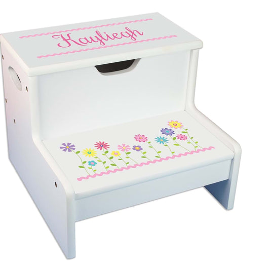 My Bambino Personalized Kids Step Stool | Stemmed Flowers White Childrens Step Stool with Storage | Custom Name Toddler
