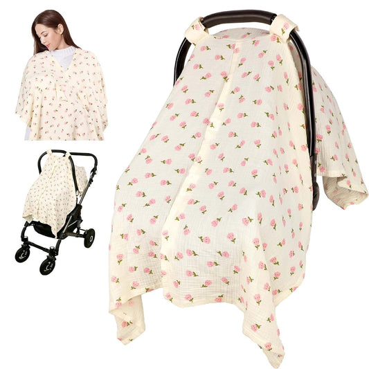 Jundetye Car Seat Cover Baby Girls Boys, Summer Cotton Baby Car Seat Cover for Carseat, Comfortable Muslin Nursing