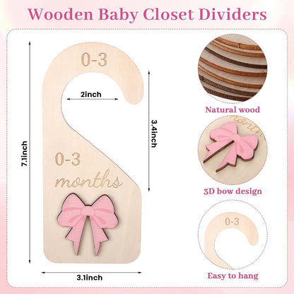 7-Piece Wooden Baby Closet Dividers with 3D Pink Bow, Double-Sided Nursery Organizer 0-24 Months