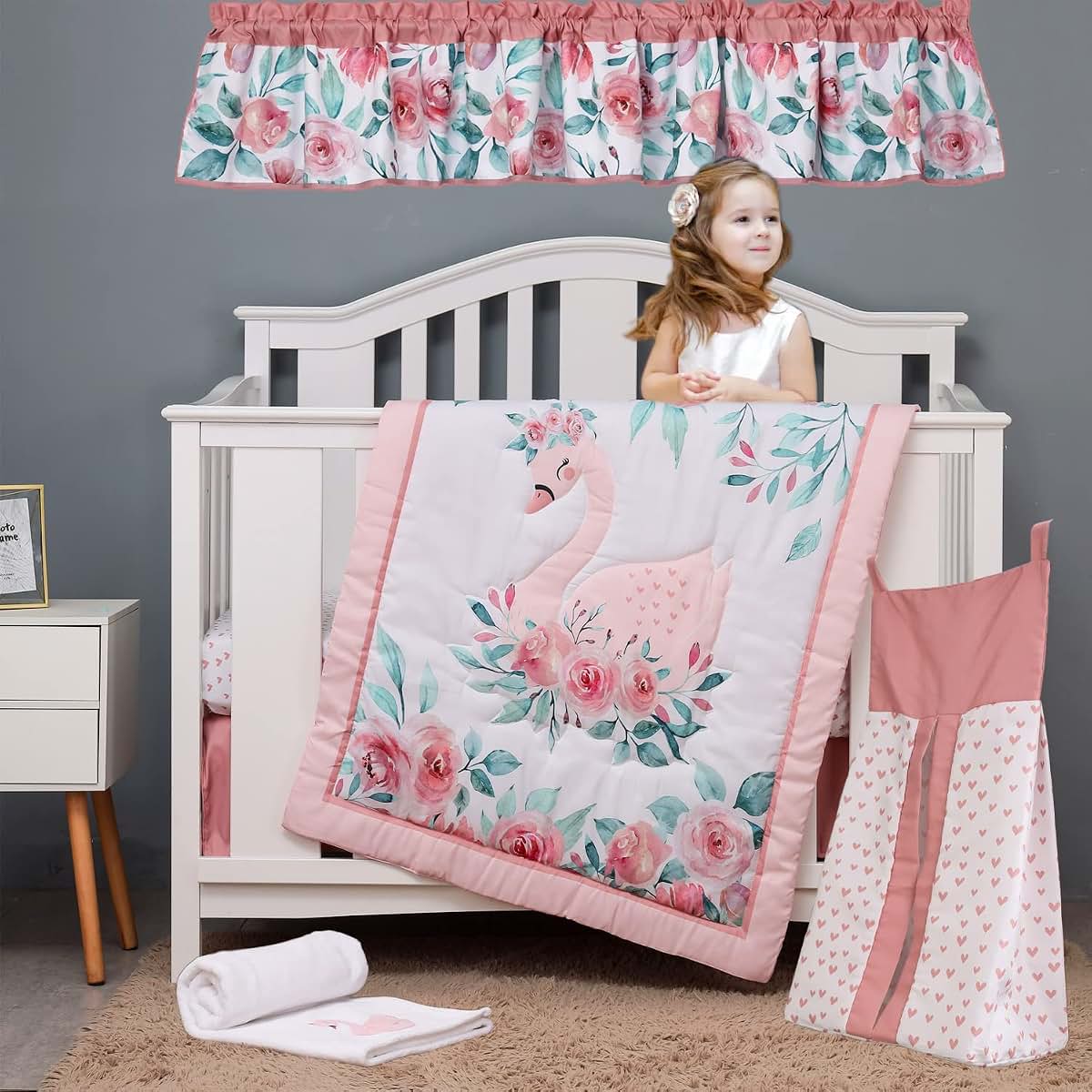 CribMATE Floral Swan Nursery Crib Bedding Set for Girls