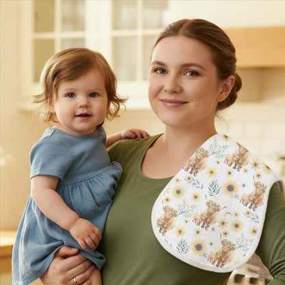 Spriggenix 4 Pack Baby Burp Cloths in Highland Cow Floral Design