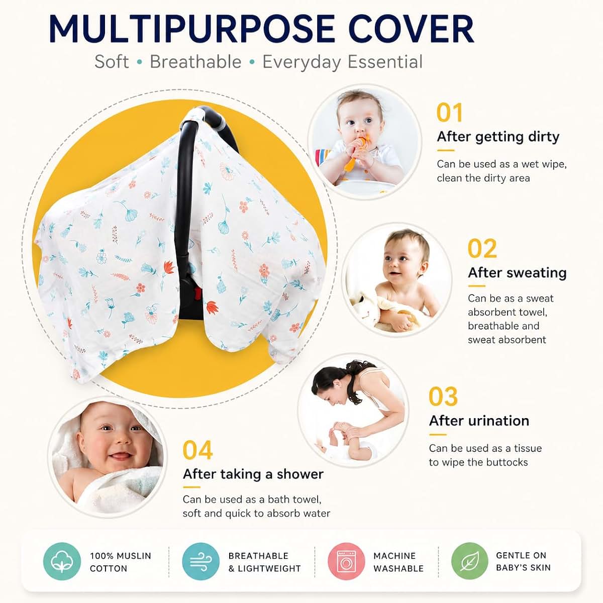 Creloven Baby Car Seat Cover Star - Muslin Cotton Canopy (photo 2)