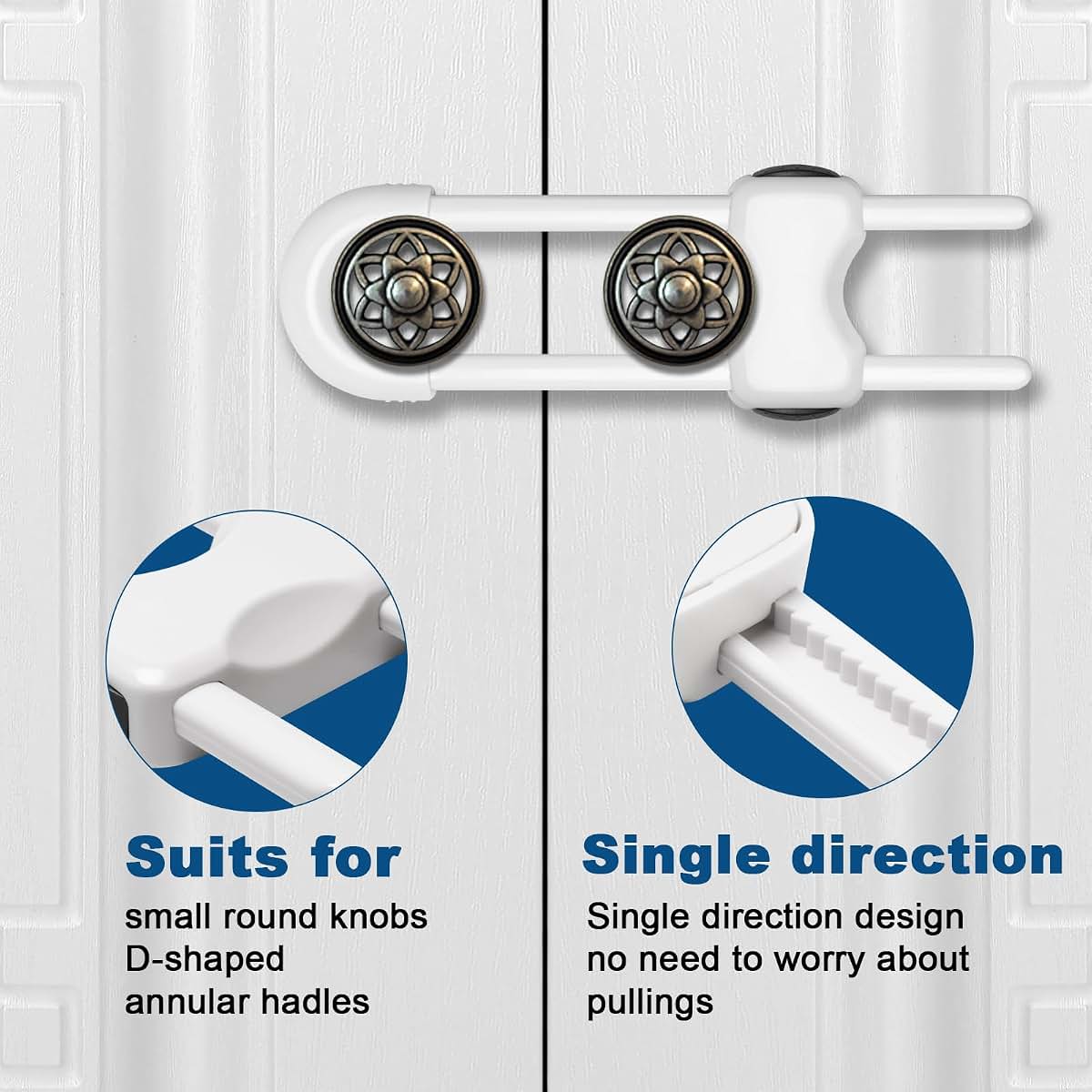 Llooc U-Shaped Sliding Cabinet Locks for Drawers and Cabinets, 4 Pack, White