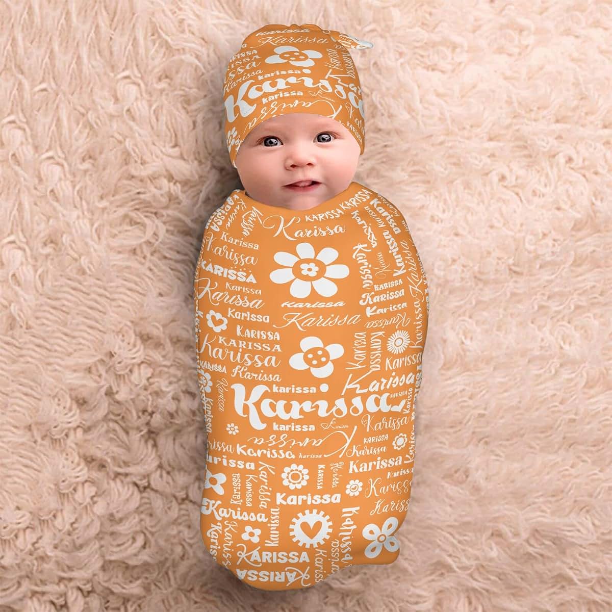 YallLocoMo Custom Newborn Swaddle Blankets Hat Orange Flower Name Text Sets Soft Baby Receiving Blanket Swaddle Sack
