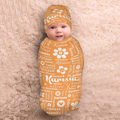 YallLocoMo Custom Newborn Swaddle Blankets Hat Orange Flower Name Text Sets Soft Baby Receiving Blanket Swaddle Sack