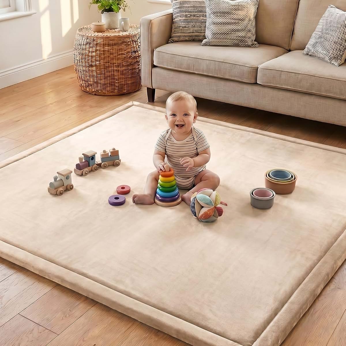 x-vesolje Ultra Soft Baby Play Mat, 1.3" Thick Memory Foam, Beige 79"x59"