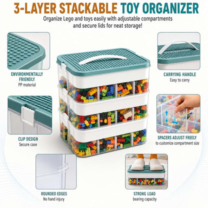 Ribexa 3-Tier Stackable Toy Storage with Building Block Lid & Bricks Organizer | Kids Toy Chest & Lego Organizer Bin (photo 3)