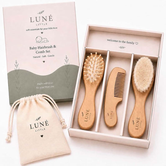 Luné Little Baby Hair Brush & Comb Set for Newborns & Toddlers, Soft Natural Bristle Brush, Wooden Baby Comb & Massage