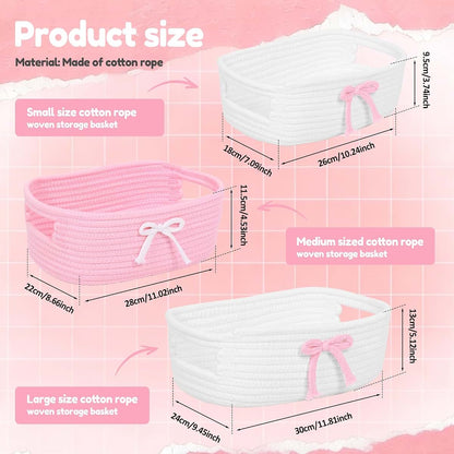 XYTZHSAI 3-Piece Pink Bow Cotton Rope Storage Baskets Set