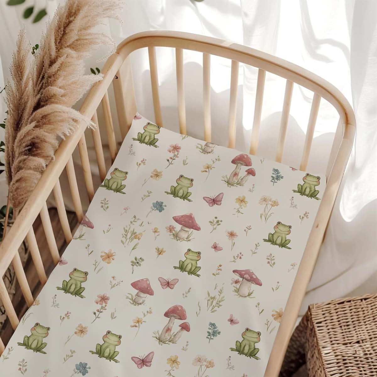 Wicbfdfv Frogs Butterflies Mushroom Wildflowers Fitted Crib Sheet