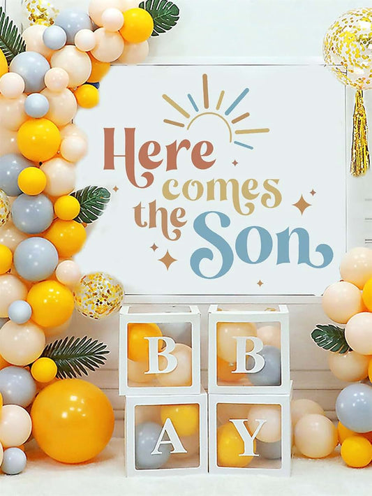 WALLMEII Here Comes The Son Baby Shower Party Decal Sign Peel and Stick Newborn Gender Reveal Party Decorations Party