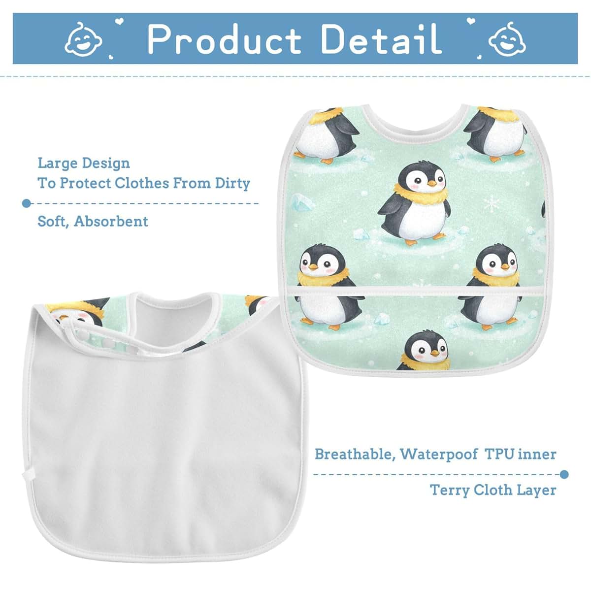 JUNZAN Muslin Baby Bib with Snap Closure, Cotton Top, Waterproof Layer, 1 Pack