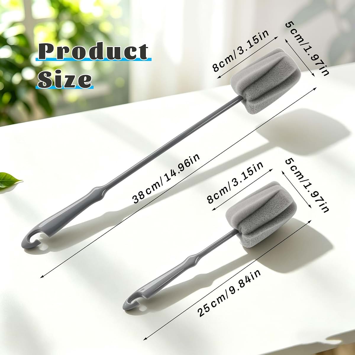 glasstore 2-Piece Soft Sponge Bottle Brush Set, Long and Short Handles, Gray