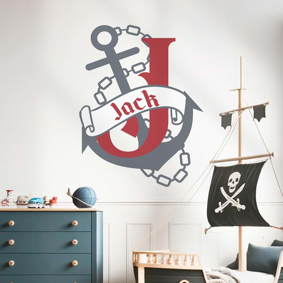 CRYPTONITE Custom Name & Initial Pirate Wall Decal - Nautical Stickers for Boy - Anchor Decal for Bedroom - Peel and