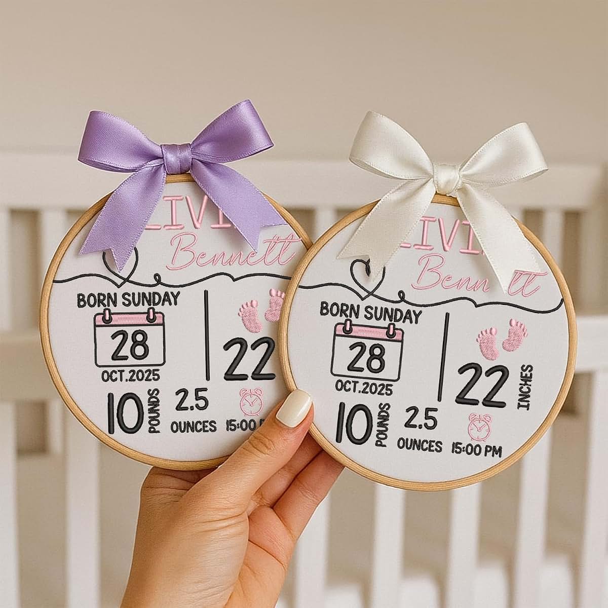 Chikky Personalized Baby Name Sign Newborn Baby Embroidery Hoop with Bows Welcome Baby Announcement Sign Baby Hospital (photo 3)