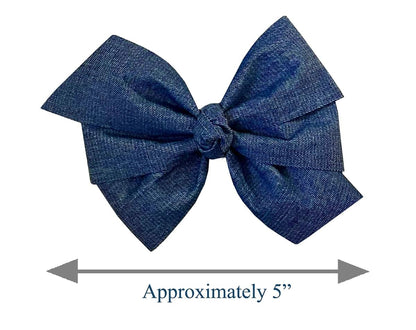 WEBB DIRECT2U Baby Girls Denim Blue Jean Hair Bow on White Stretch Headband, 5 Inch