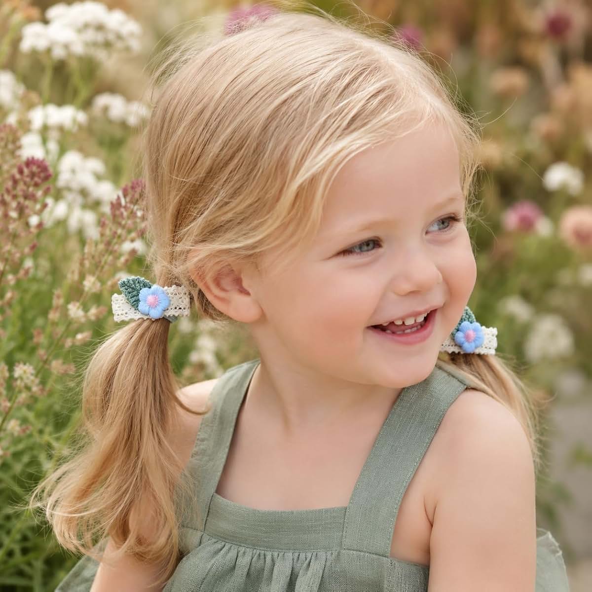 Koa Baby Pastel Floral Lace Hair Clips for Baby Girls, 2 Pairs Handmade Crochet Leaf and Flower Barrettes in Blue and