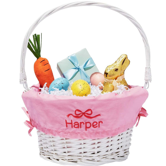 Personalization Universe Darling Bow Embroidered White Easter Basket with Folding Handle – Custom Light Pink Basket