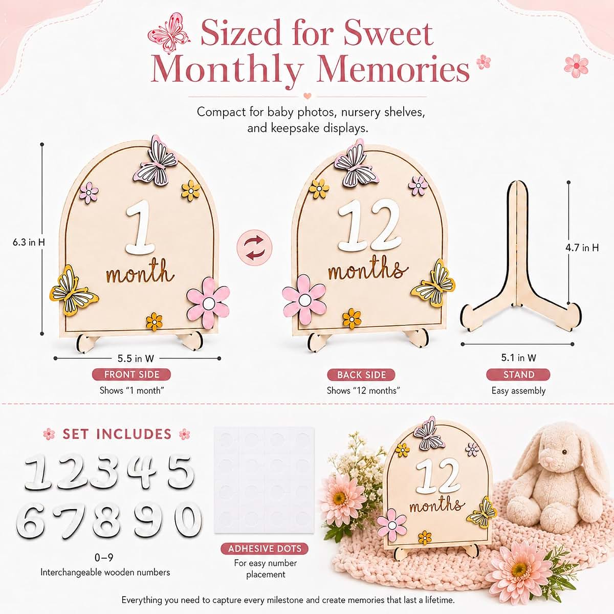 Whimoxa Wooden Baby Monthly Milestone Signs With Butterfly And Flower Design (photo 2)