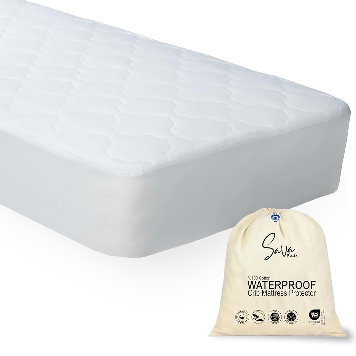 SavaKids Quilted Cotton Waterproof Crib Mattress Protector Sheet