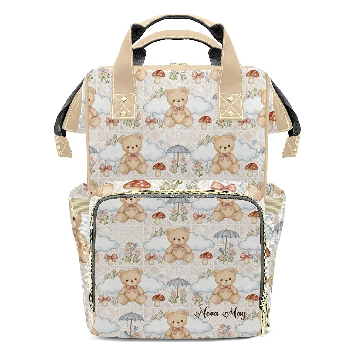LiSoAkWE Personalized Diaper Bag Backpack with Name,Customized Cute Bear Clouds Bow Mushrooms Nappy Backpack for Baby